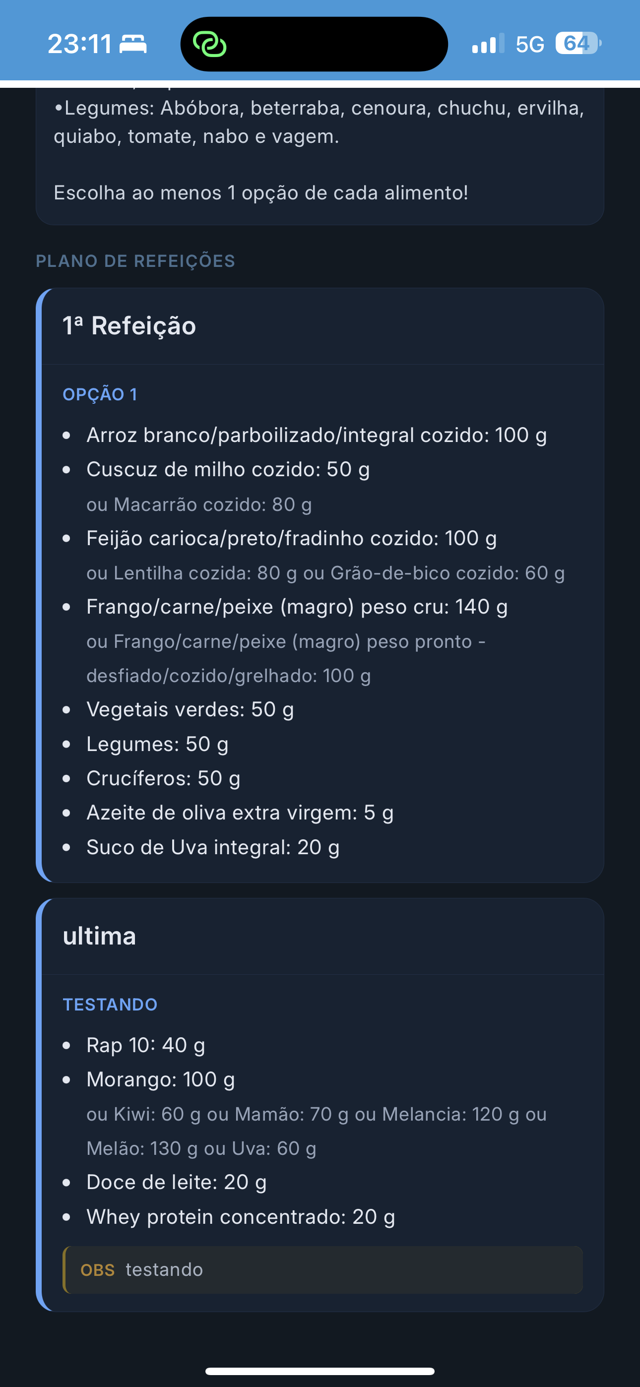Plano alimentar no app do aluno