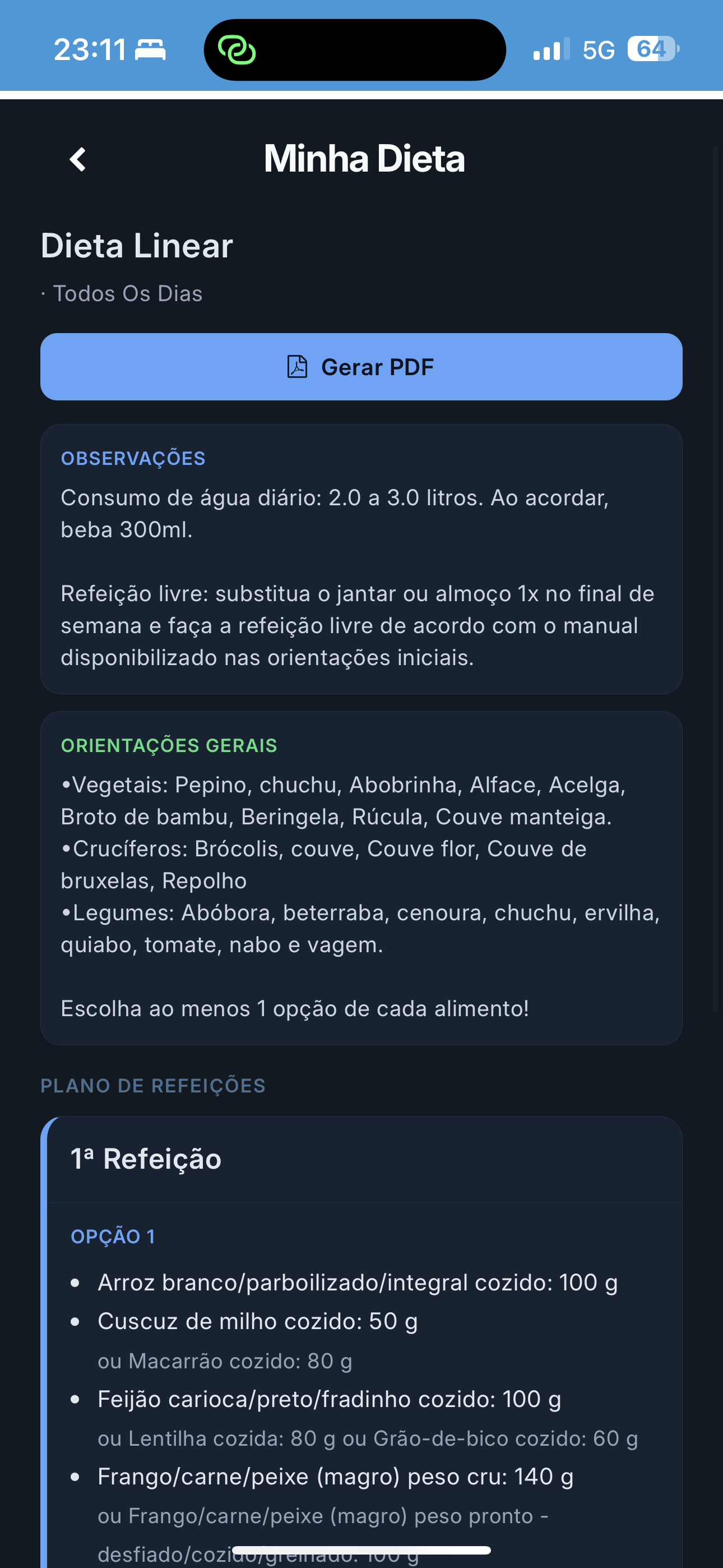 Tela de dieta do aplicativo